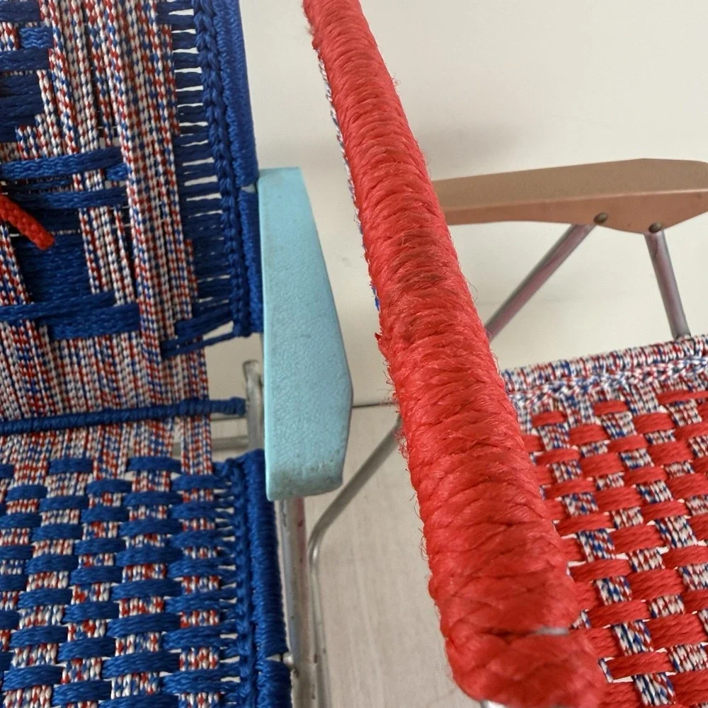 Vtg Set 2 Aluminum Folding Lawn Chair Child Sz Macrame Weave‎ Woven Chair Match
